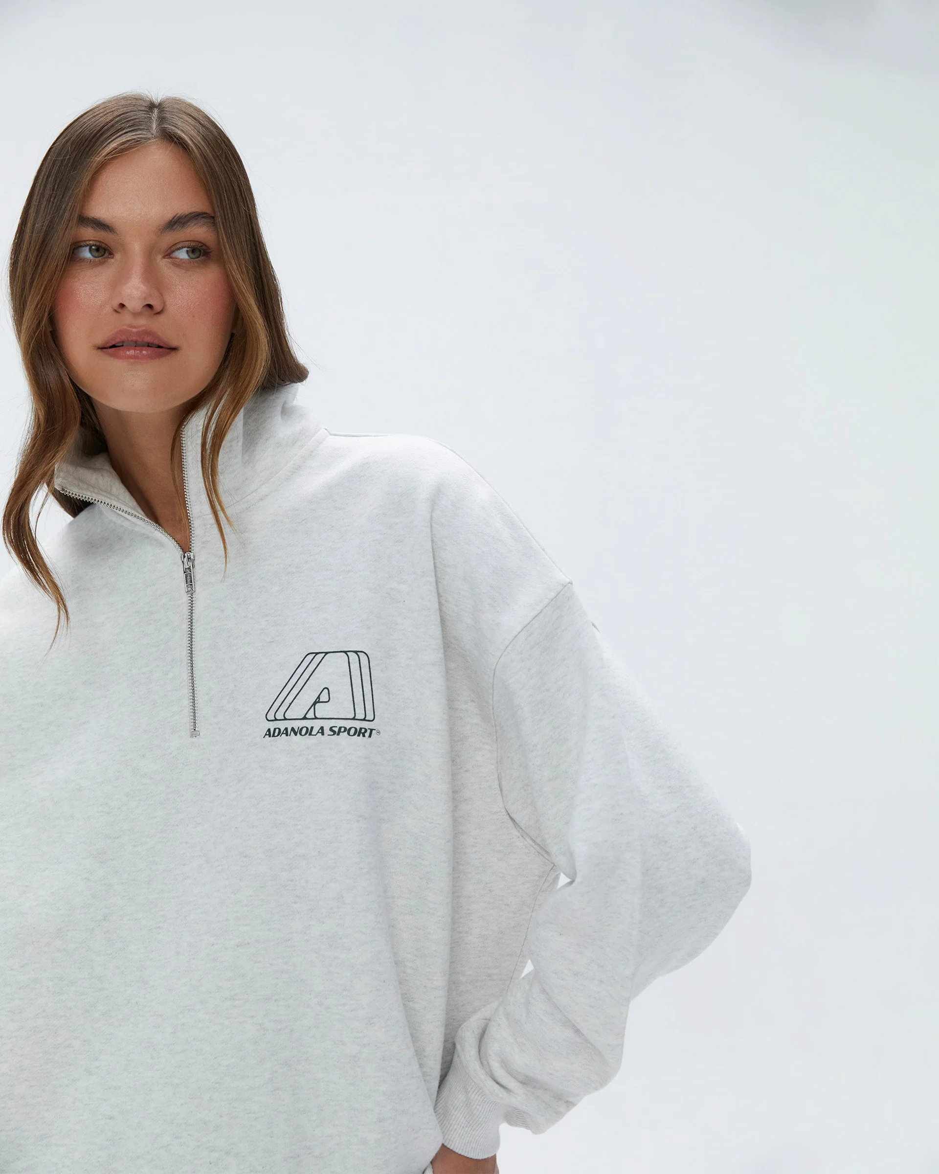 "A" Oversized Funnel Neck Zip Sweatshirt - Light Grey Melange/Dark Olive - Image 2