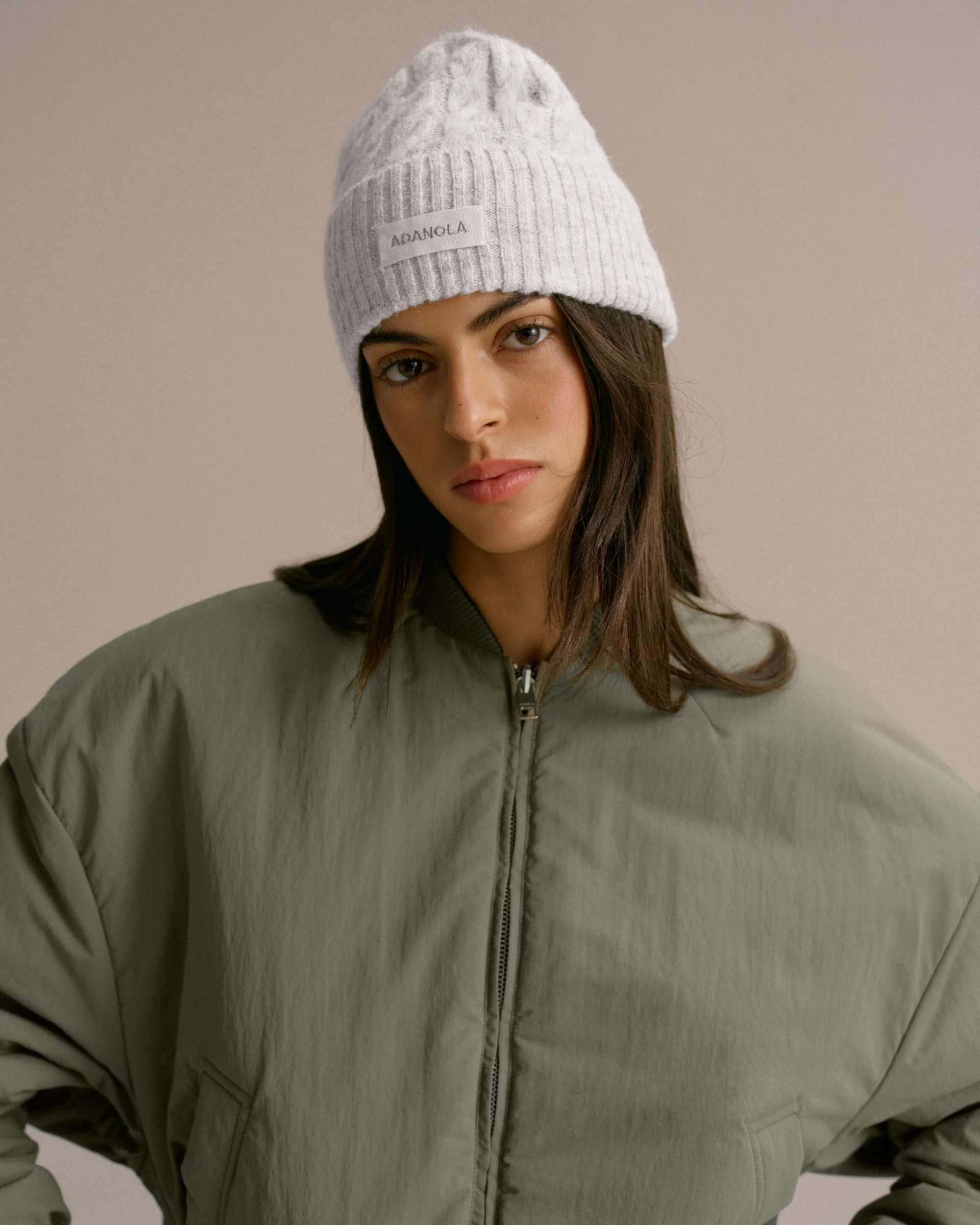 Cable Knit Beanie - Light Grey Melange - Image 2