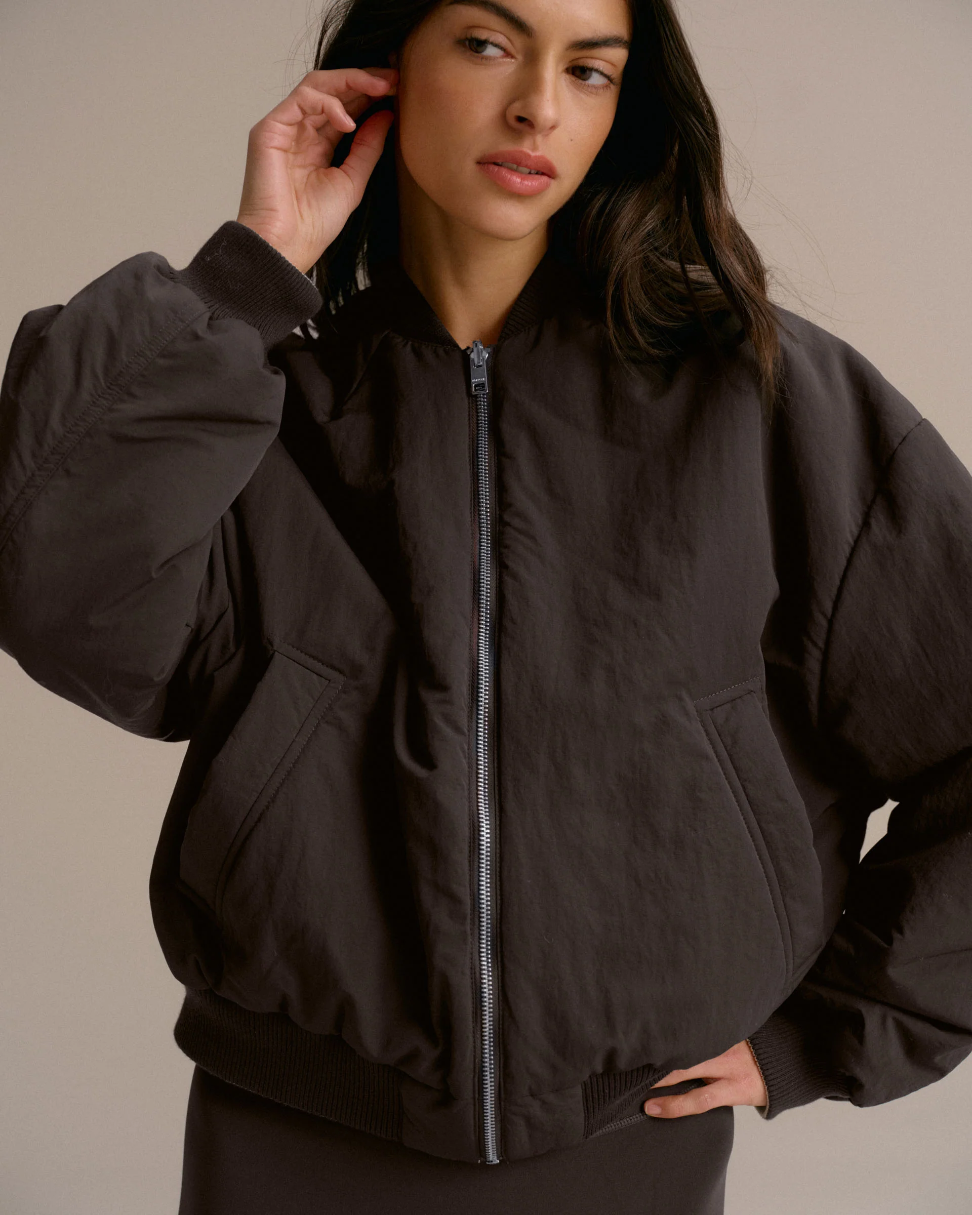 Drop Shoulder Reversible Bomber Jacket - Coffee Bean/Marshmallow White