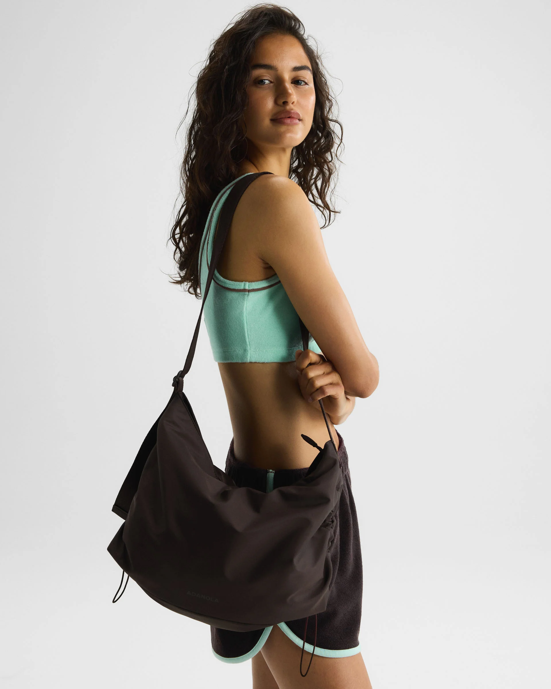 Gathered Nylon Shoulder Bag - Coffee Bean - Image 2