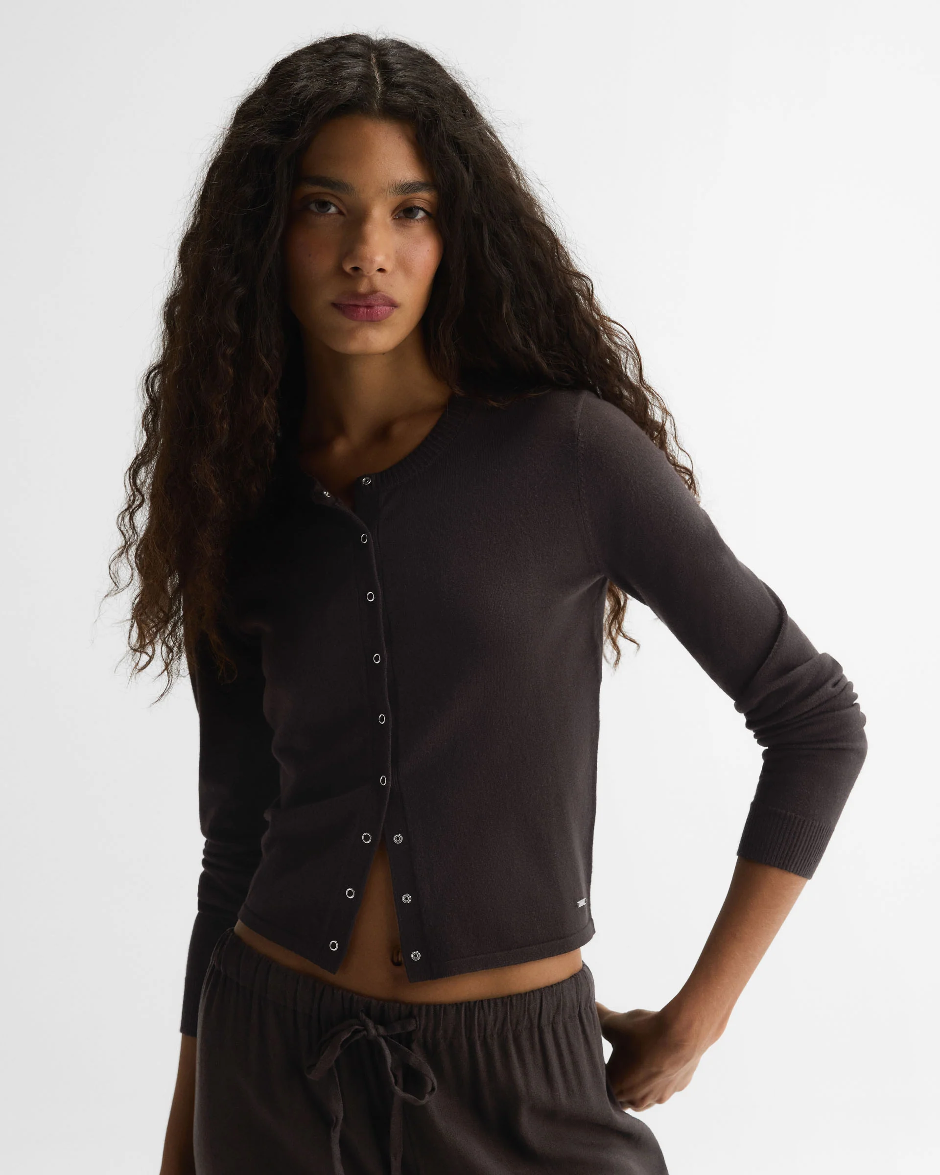 Knit Snap Button Cardigan - Coffee Bean - Image 4