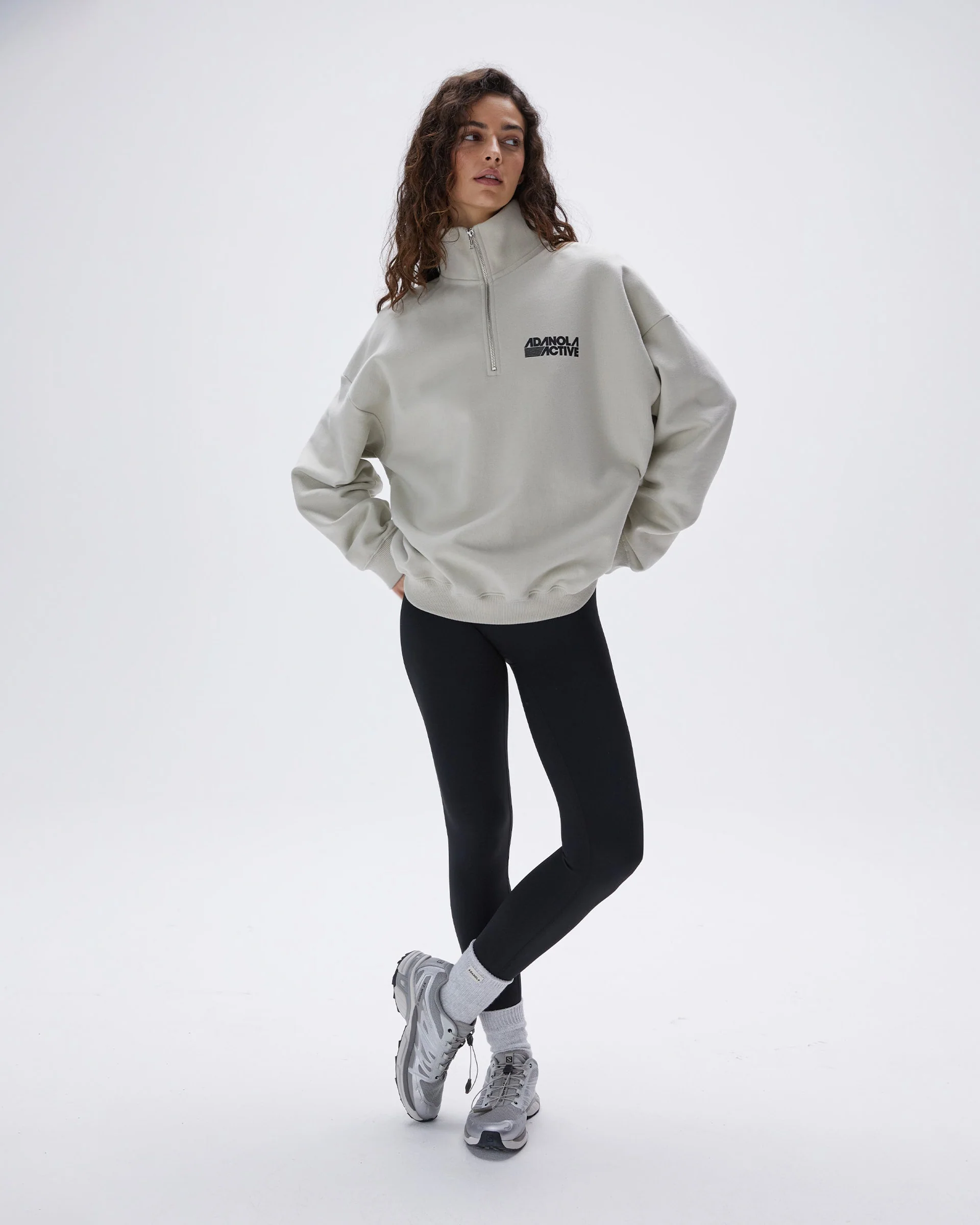 Retro Sports Oversized Funnel Neck Zip Sweatshirt - Stone - Image 2