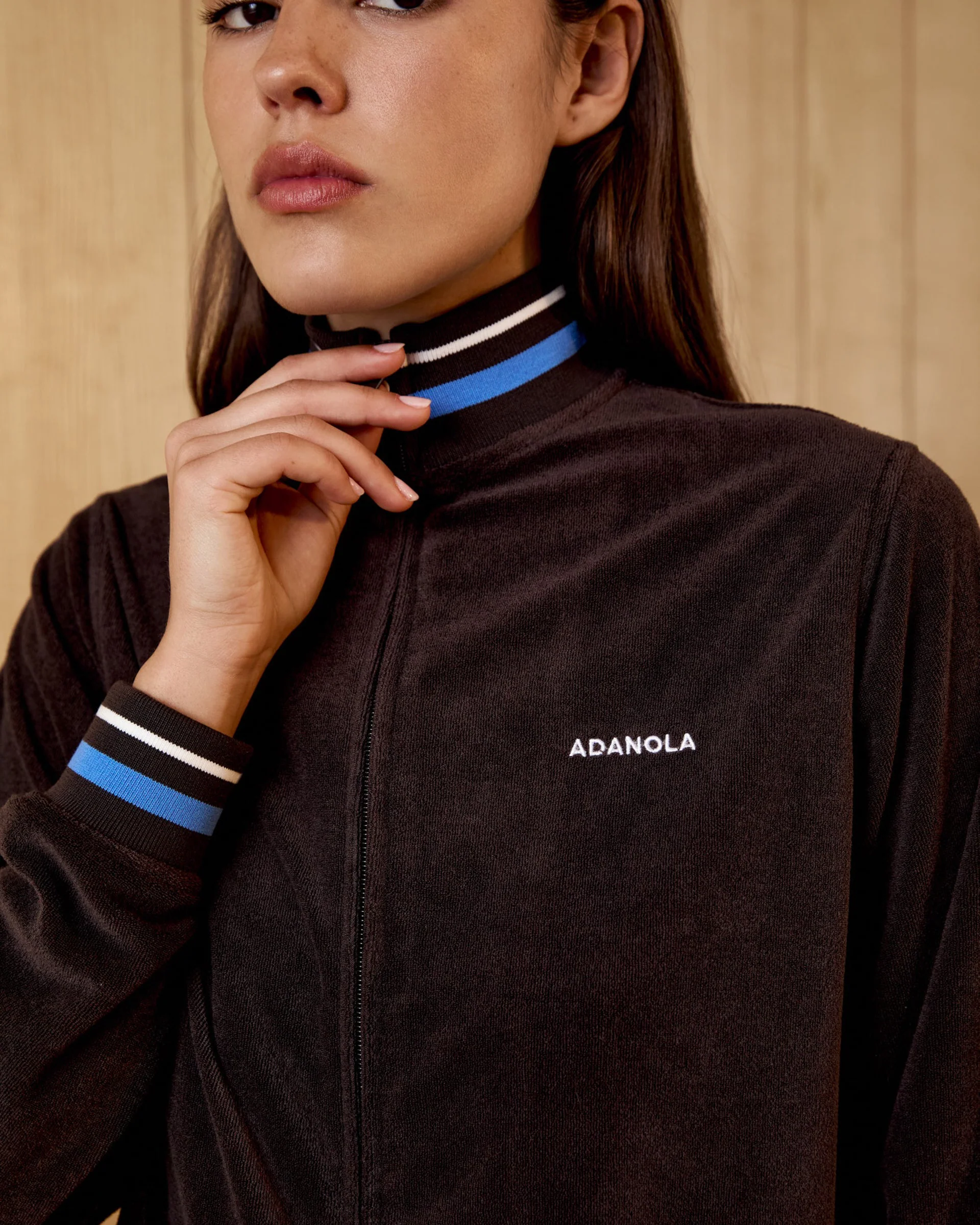 Terry Towelling Contrast Track Jacket - Coffee Bean/Blue - Image 2