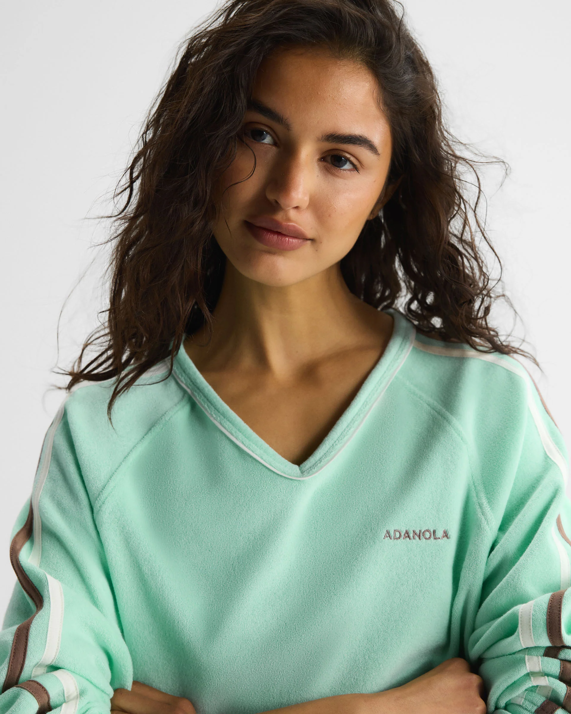 Terry Towelling V-Neck Sweatshirt - Mint Green - Image 3