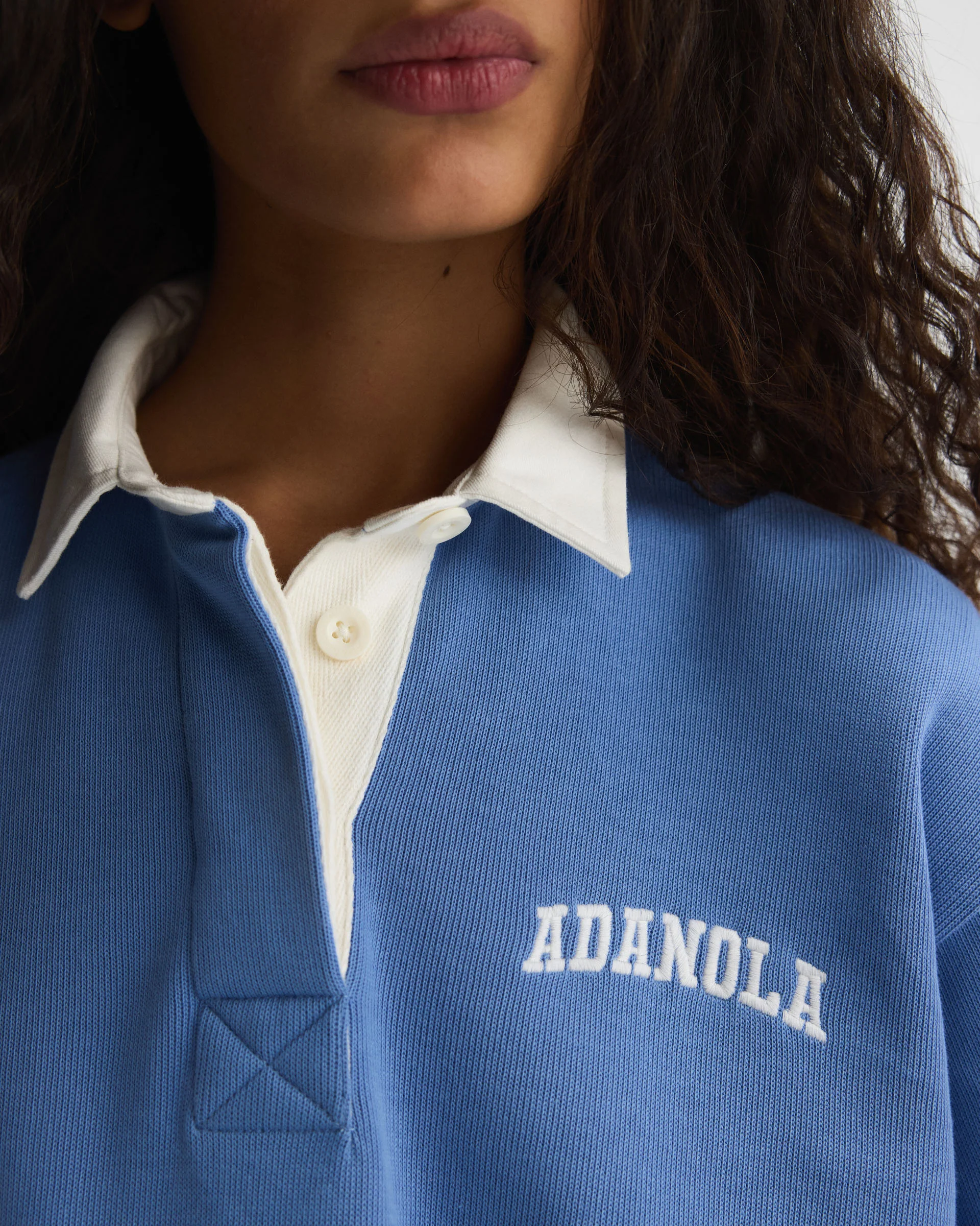 Varsity Oversized Rugby Top - Blossom Blue/Marshmallow White - Image 2